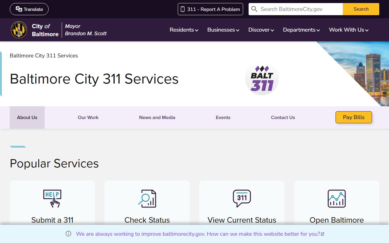 Baltimore 311 services phone directory portal for city requests