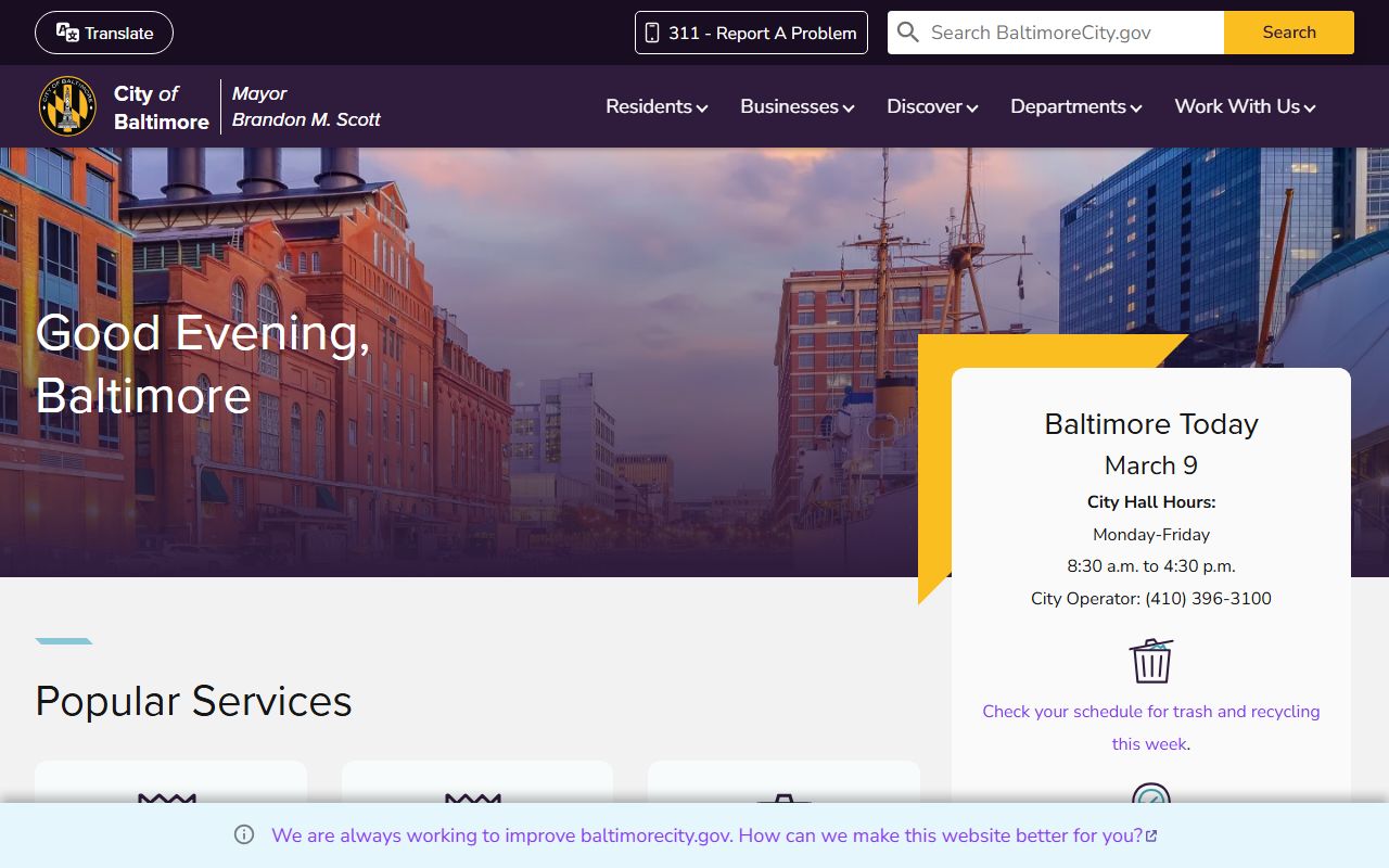 Baltimore city government homepage phone directory for public contacts