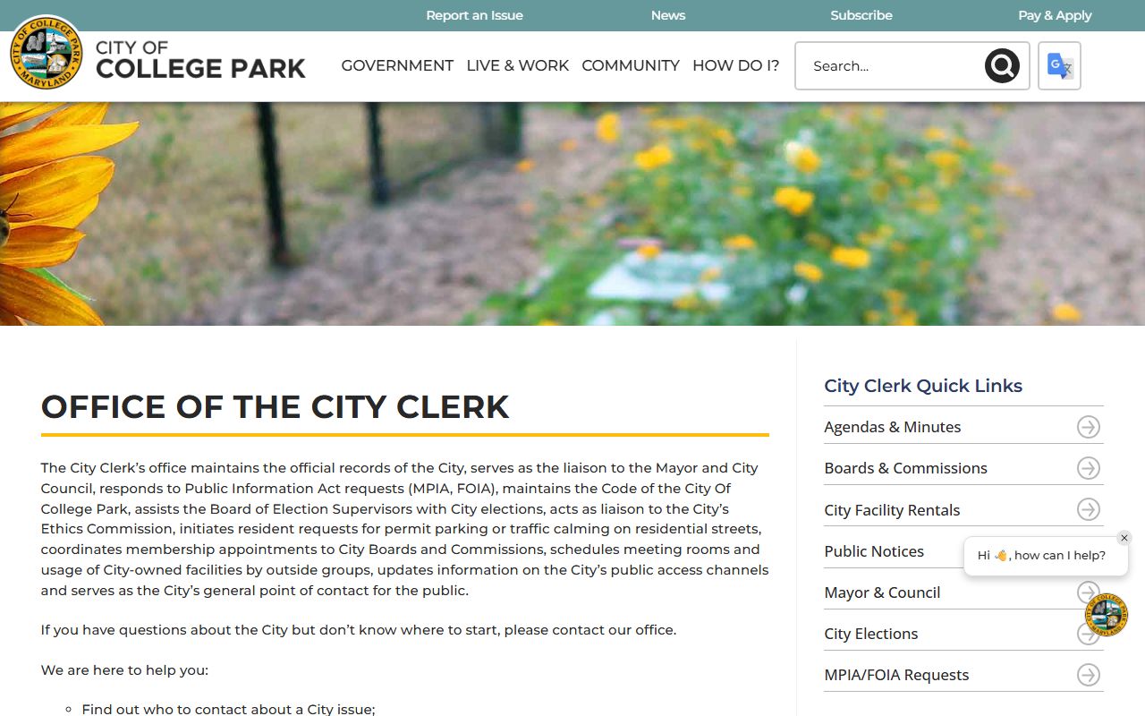 College Park phone directory city clerk office for public records