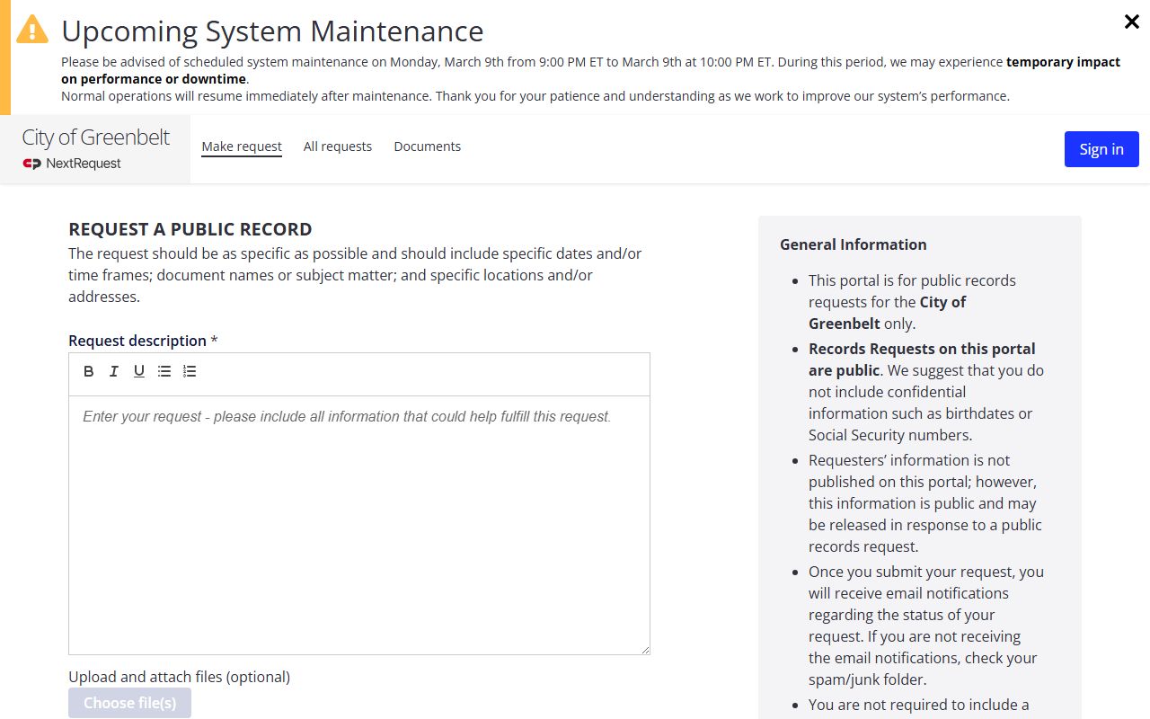 Greenbelt phone directory NextRequest MPIA portal for public records