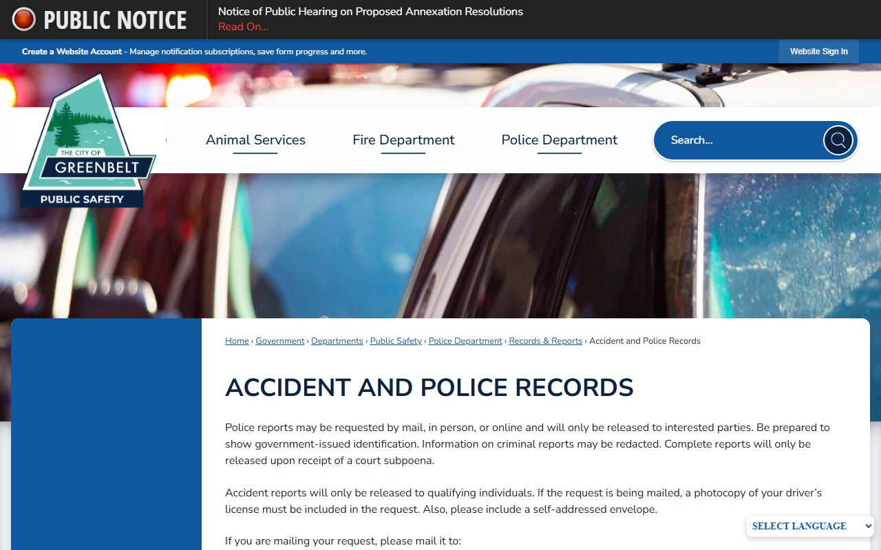 Greenbelt phone directory police records request page