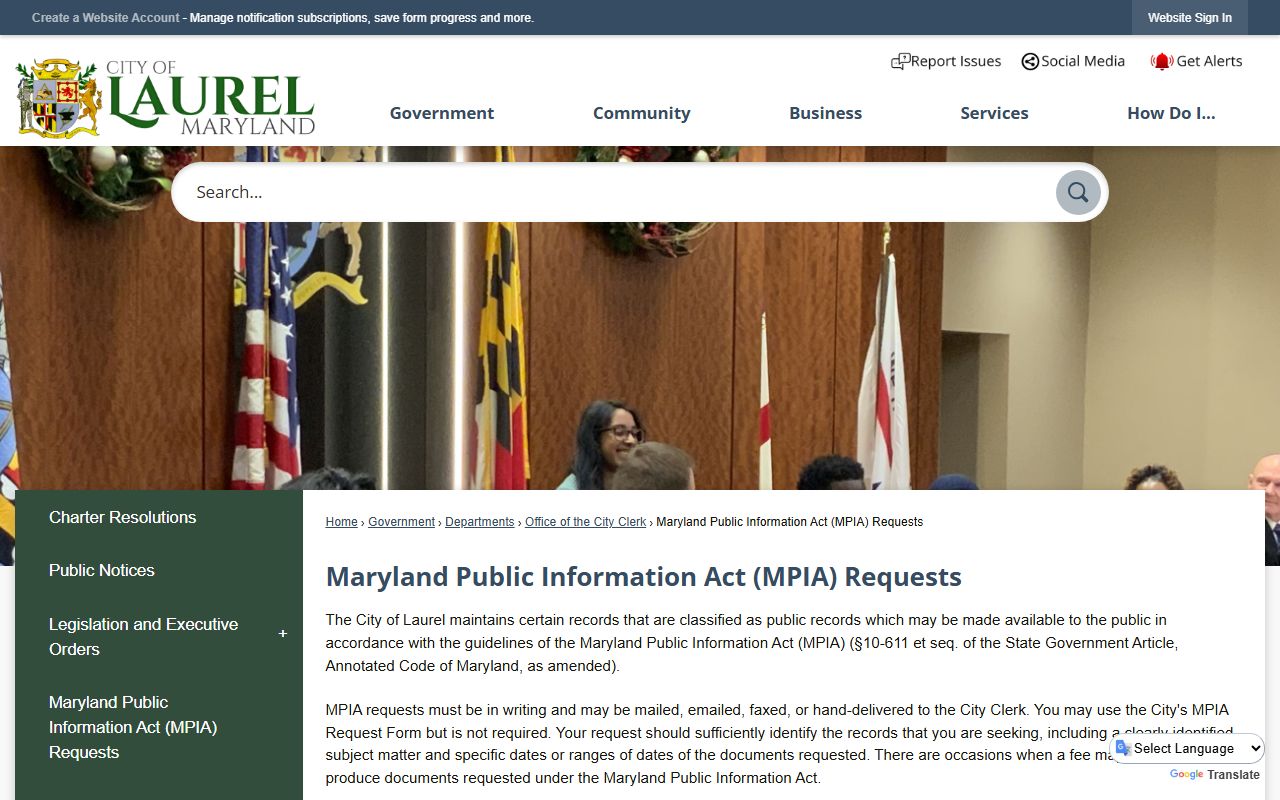 Laurel phone directory MPIA request page for public records