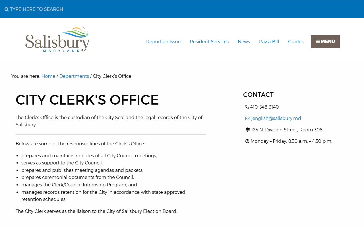 Salisbury phone directory city clerk office for public records