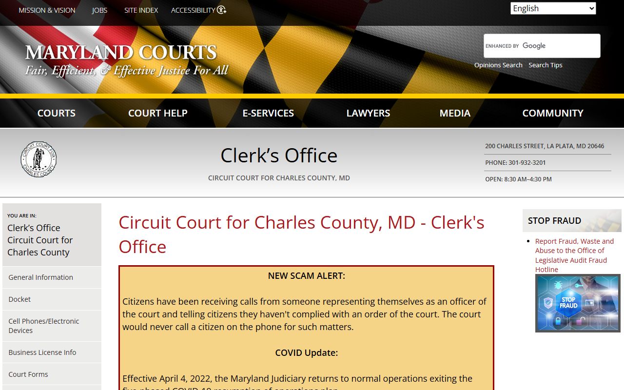 Charles County Circuit Court phone directory page