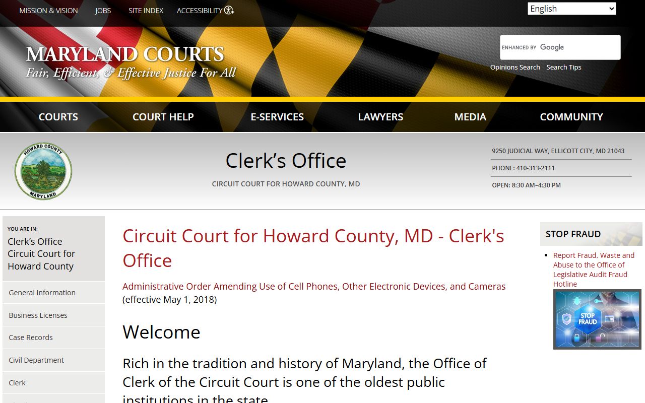 Howard County Circuit Court phone directory page