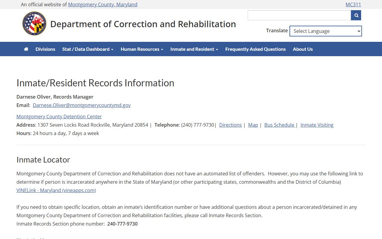 Montgomery County inmate records phone directory page