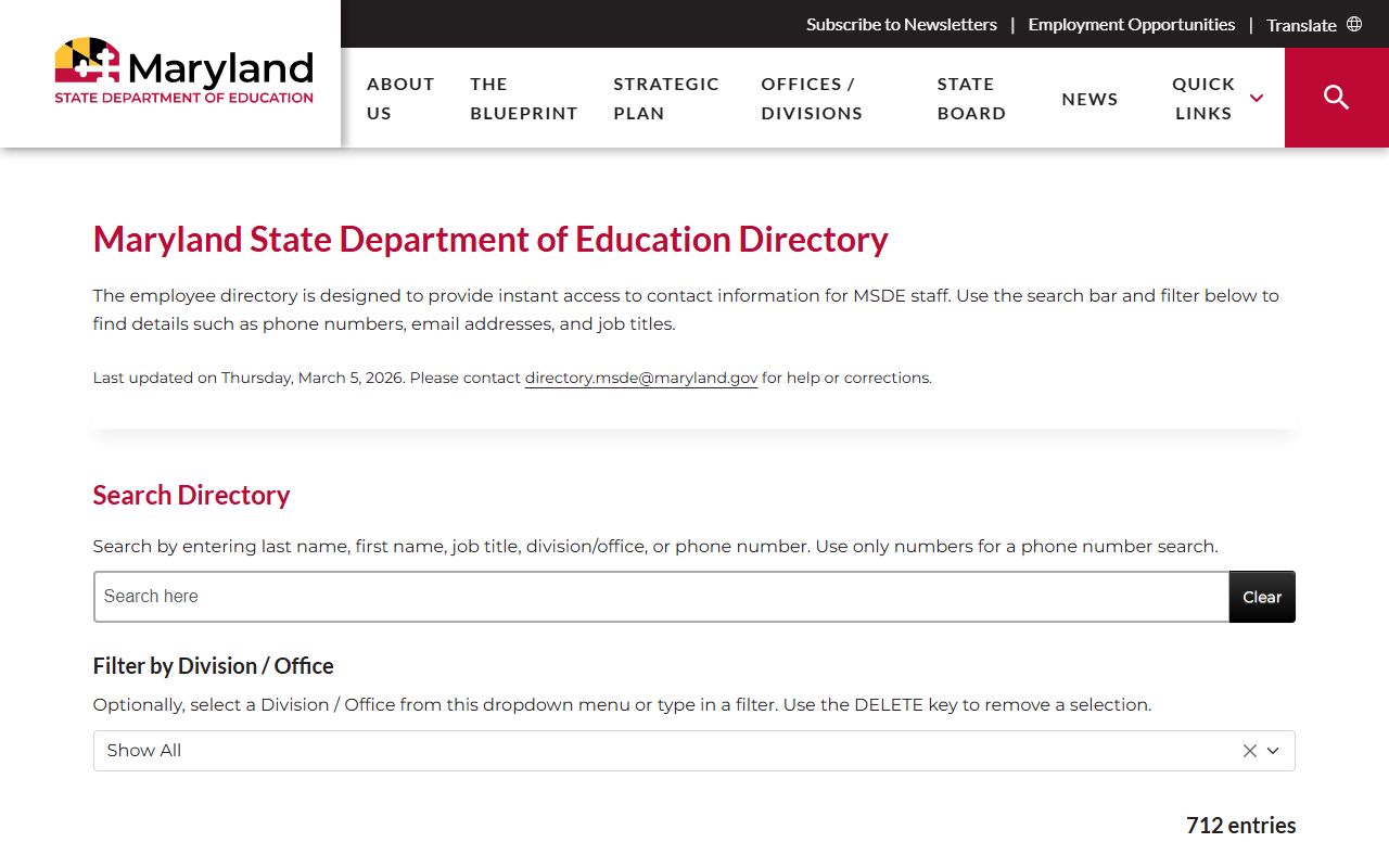 Maryland education department phone directory listing