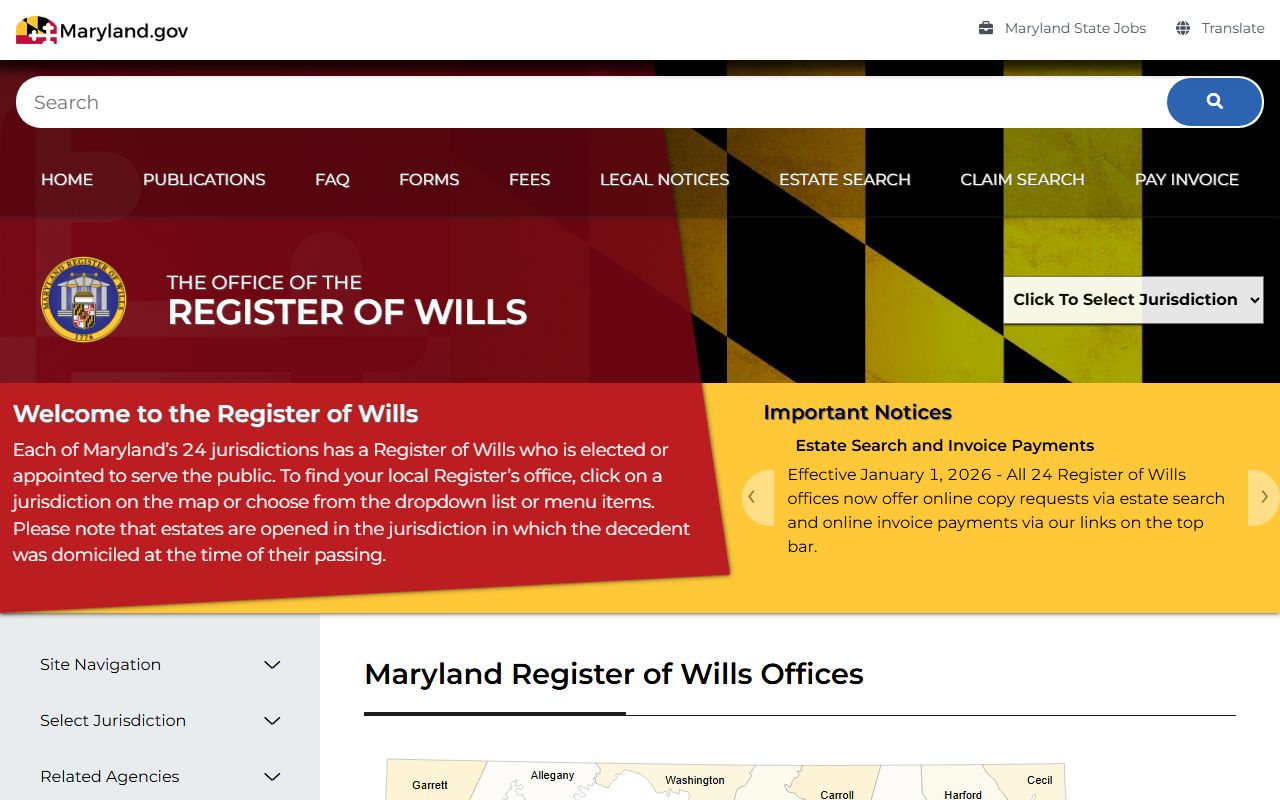 Maryland Register of Wills phone directory page