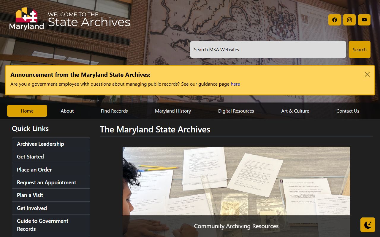 Maryland State Archives phone directory and records portal